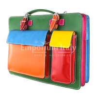 ELVI MAXI: офисный портфель / деловая сумка из кожи CHIAROSCURO цвет МНОГОЦВЕТНАЯ с зеленой основой, с плечевым ремнем, Made in Italy.