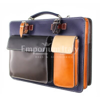 ELVI MAXI: офисный портфель / деловая сумка из кожи CHIAROSCURO цвет МНОГОЦВЕТНАЯ с синей основой, с плечевым ремнем, Made in Italy.