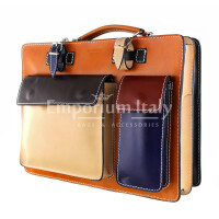 ELVI MAXI: офисный портфель / деловая сумка из кожи, цвет МНОГОЦВЕТНАЯ со светло-коричневой основой, с плечевым ремнем, CHIAROSCURO, Made in Italy.