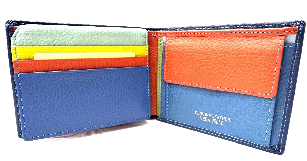 Portafoglio Uomo In Vera Pelle Blu - Senza Loghi, Dimensioni 12.5x9.5 Cm - Con Scomparti Per Banconote, Monete E Carte - 2