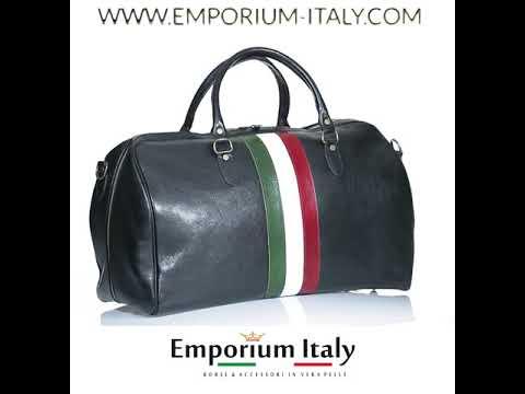 Borsone da viaggio in vero cuoio con tricolore italiano COMO MAXI BLU CHIAROSCURO MADE IN ITALY